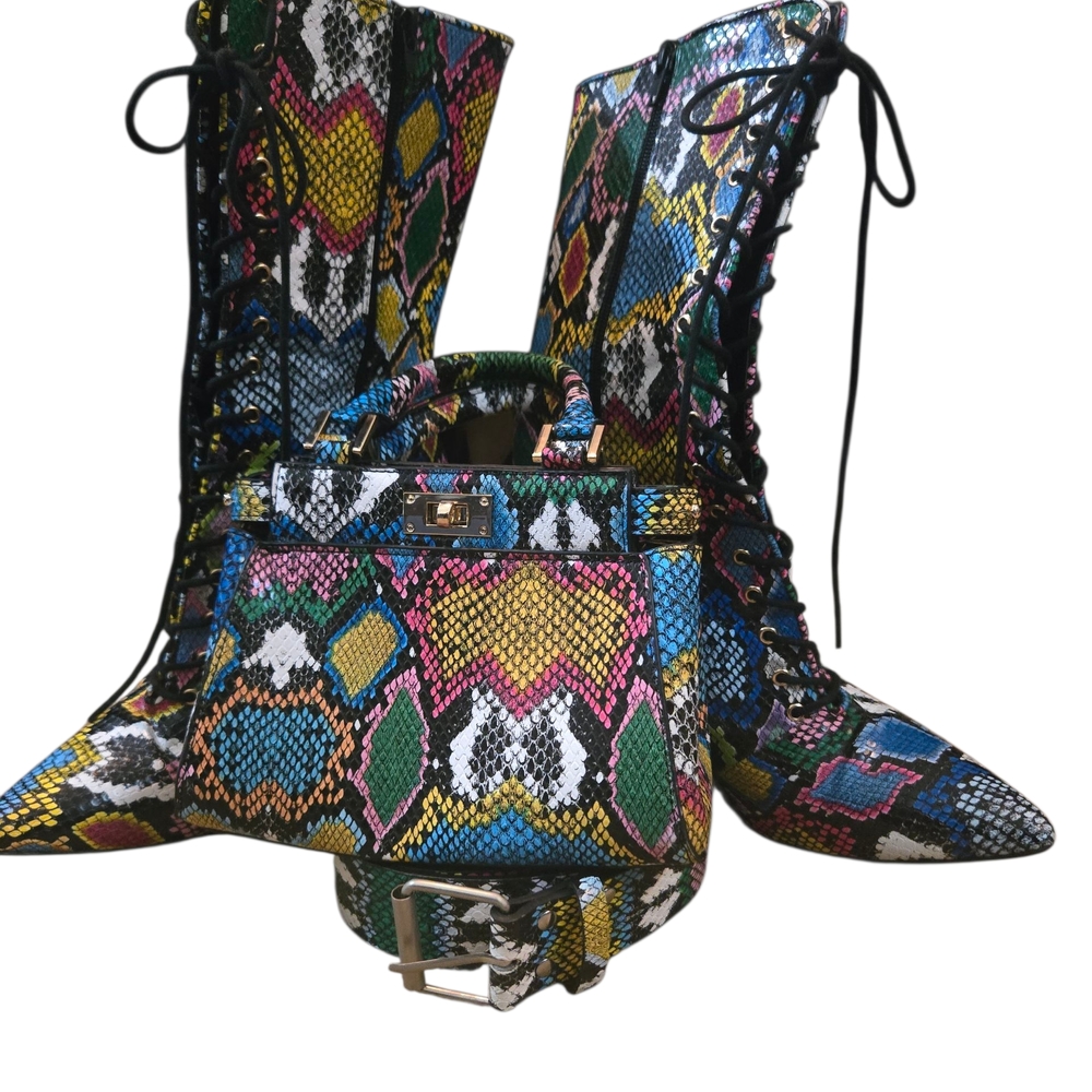 Colorful Snakeskin Lace-Up Boots and Bag Set